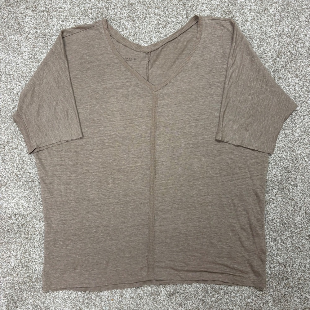 Eileen Fisher Organic Linen Jersey V-Neck Tee Womens Large 3/4 Sleeves Brown